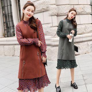 Set: Printed Long-sleeve Dress + Zip Detail Knit Pinafore Dress