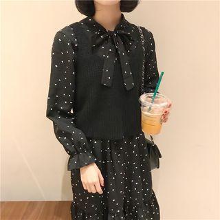 Heart Print Long-sleeve A-line Dress / V-neck Knit Vest