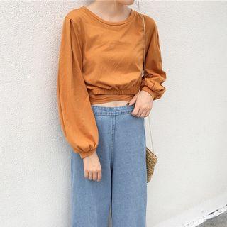 Plain Lace-up Puff-sleeve Cropped Top