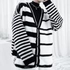 V-neck Asymmetrical Stripe Knit Cardigan