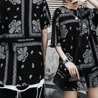 Couple Matching Elbow-sleeve Paisley Print T-shirt