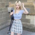 Lace-up Front Short-sleeve Cropped T-shirt / Plaid Button Mini A-line Skirt