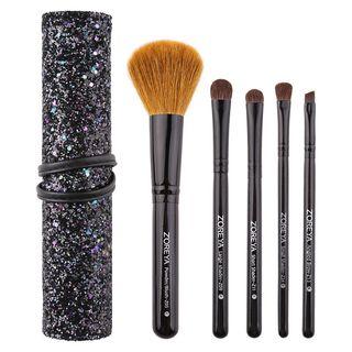 Set Of 5: Makeup Brush With Sequined Brush Case Black - One Size