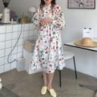Long-sleeve Graphic Print Mock-neck Midi A-line Dress White - One Size
