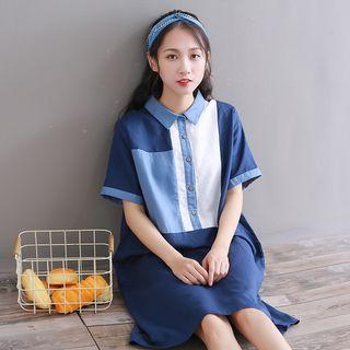 Color Block Elbow-sleeve Midi Shirt Dress