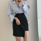 Long-sleeve Tie Waist Plain Shirt / High-waist Asymmetric Drawstring Striped Skirt
