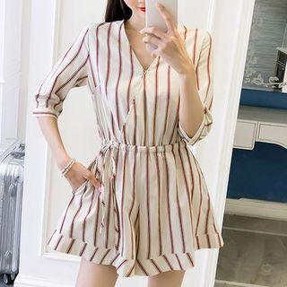 Pinstripe V-neck Elbow-sleeve Playsuit