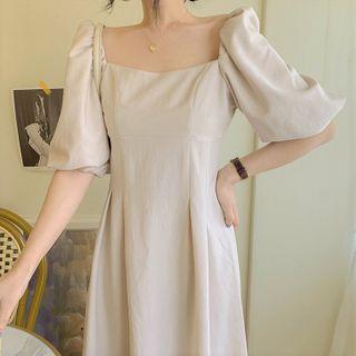Elbow-sleeve Square-neck Midi A-line Dress Almond - One Size