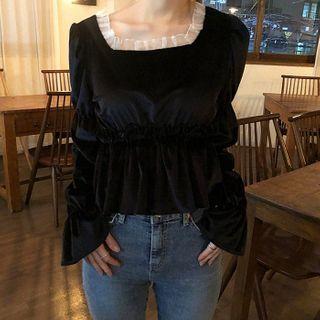 Bell-sleeve Lace Trim Peplum Top Black - One Size