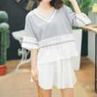 Elbow-sleeve Lace-panel V-neck Top