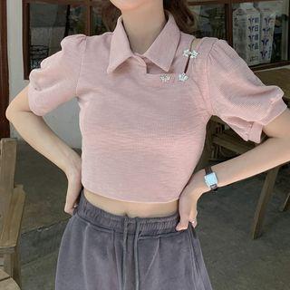 Cold-shoulder Asymmetrical Polo Knit Top