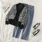 Color-block Loose-fit Cardigan / Slim-fit Jeans