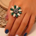 Rhinestone Faux Crystal Flower Open Ring Kc Gold - Green & White - One Size