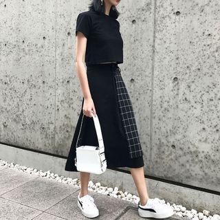 Set: Short-sleeve Cropped T-shirt + Plaid Panel Midi A-line Skirt