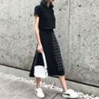 Set: Short-sleeve Cropped T-shirt + Plaid Panel Midi A-line Skirt