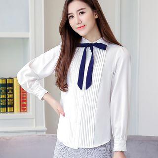 Ribbon Detail Pleated Chiffon Blouse