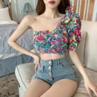 One-shoulder Short-sleeve Floral Cropped Top As Shown In Figure - One Size