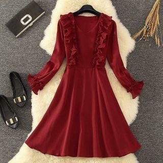 Plain Ruffle Trim Long-sleeve A-line Dress