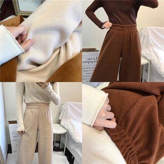 Plain Elastic-waist Woolen Cropped Wide-leg Pants