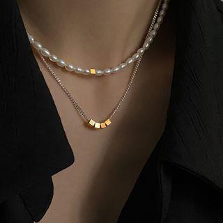 Cube Alloy Pendant Freshwater Pearl Necklace