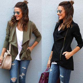 Long-sleeved Collared Plain Slim Zip Coat