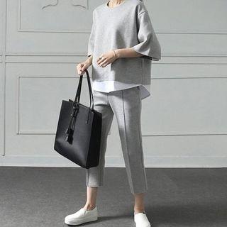 Set: Elbow-sleeve Mock Two-piece Top + Cropped Pants