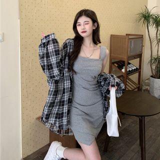 Sleeveless Plain Asymmetric Dress / Long-sleeve Plaid Shirt