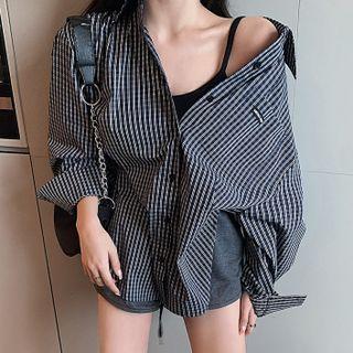 Long Sleeve Plaid Applique Shirt Dark Blue - One Size