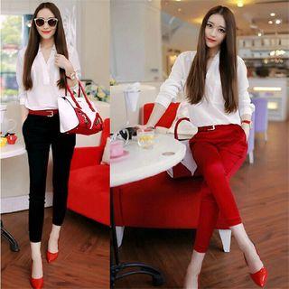 Set: V-neck 3/4-sleeve Blouse + Cropped Pants With Belt
