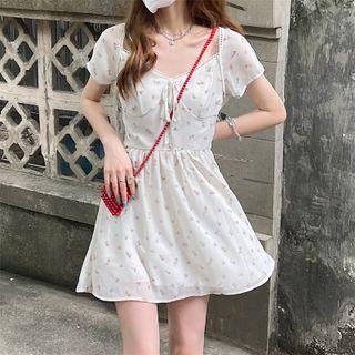 Short-sleeve Floral Print Lace-up Mini Dress
