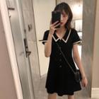 Short-sleeve Contrast Trim Button-up Mini Dress