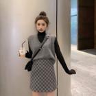 V-neck Vest / Turtleneck Top / Plaid Skirt