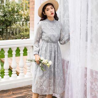 Stand Collar Long-sleeve Midi A-line Dress