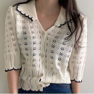 Short-sleeve Button-up Knit Top Off-white - One Size