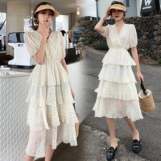 Short-sleeve Star Patterned Chiffon A-line Midi Tiered Dress