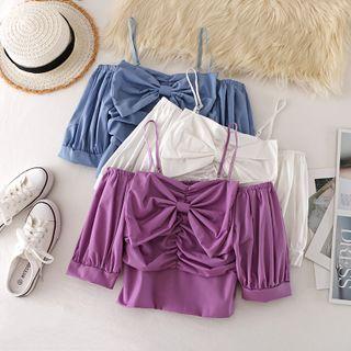 Off Shoulder Puff-sleeved Bow Vest