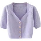 Short-sleeve Button-up Knit Crop Top Purple - One Size