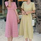 Plaid Buttoned Short-sleeve Midi A-line Dress