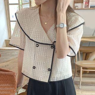 Short-sleeve Contrast Trim Double-breasted Cropped Shirt White - One Size