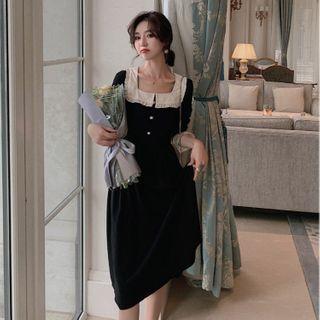 Square-neck Contrast Panel Midi A-line Dress