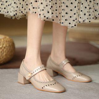Eyelet Mary Jane Block Heel Genuine Leather Pumps