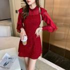 Puff-sleeve Paneled Ruffled A-line Dress