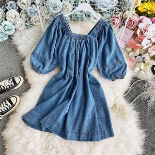 Square-neck Puff-sleeve Denim Dress As Shown In Figure - One Size