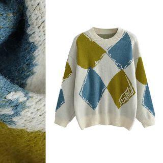 Color Block Sweater 9890 - Green & Blue Print - Pale Blue - One Size