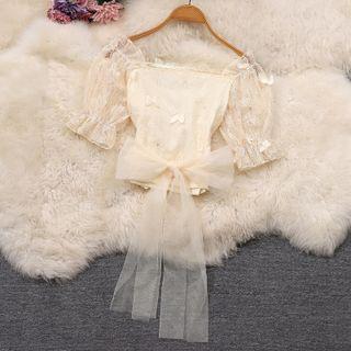 Bell-sleeve Lace Panel Ribbon Blouse