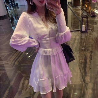 Long-sleeve Ruffle Mini A-line Dress White - One Size