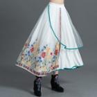 Asymmetrical Floral Embroidered Mesh Panel Midi A-line Skirt White - One Size