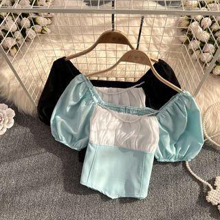 Puff Sleeve Color Block Crop Blouse