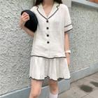 Contrast Trim Short-sleeve Blouse / Mini A-line Skirt