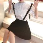 Lace Trim Elbow Sleeve Blouse/ Suspender Skirt